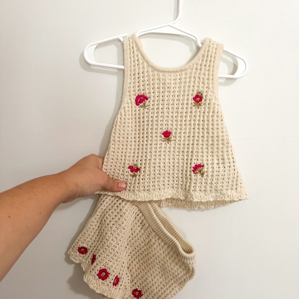 Zara Cream Knit Set with Embroidered Floral Details